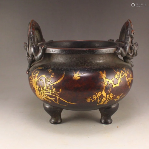 Gilt Gold Red Copper Double Ears Chi Dragon Incense Burner