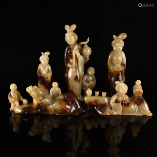 Set Superb Tang Dy Hetian Jade Women & Kid Statues