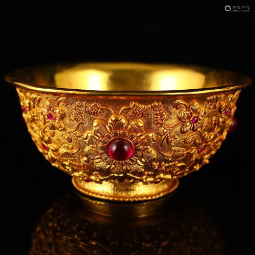Vintage Chinese Gilt Gold Red Copper Inlay Gems Bowl
