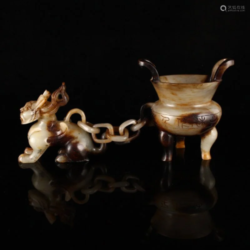 Hetian Jade Divine Beast Statue w 3 Legs Double Ears Incense...