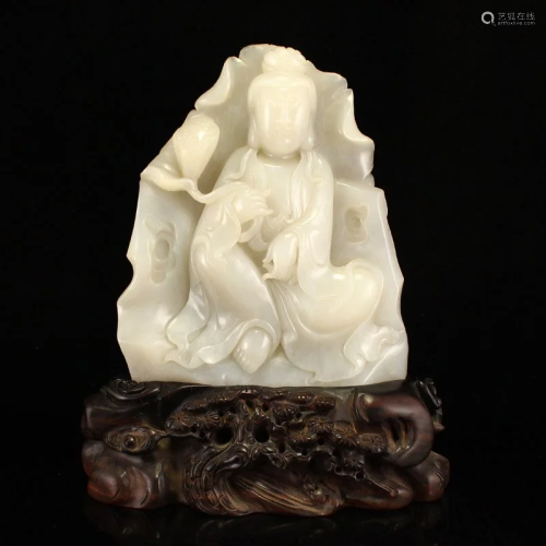 Chinese Qing Dy White Hetian Jade Ruyi Kwan-yin Statue