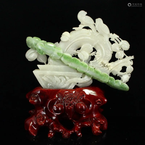 Chinese Natural Hetian Jade Double Bird Statue w Certificate