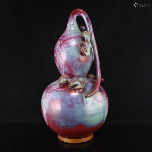 Variable Glaze Jun Kiln Gourd & Fortune Bat Porcelain St...