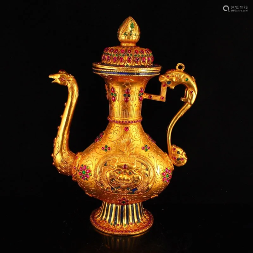 Gilt Gold Red Copper Inlay Gem Dragon Phoenix Wine Pot