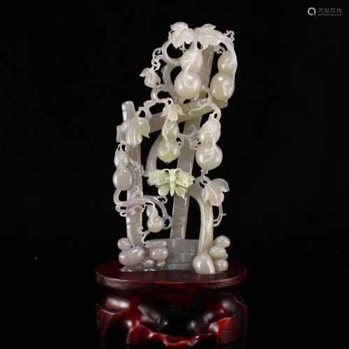 Openwork Chinese Hetian Jade Fortune Gourd Statue w Certific...