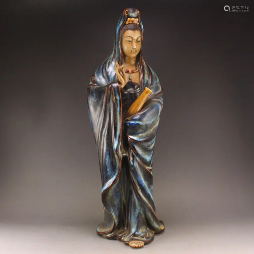 Chinese Variable Glaze Kwan-Yin Porcelain Statue