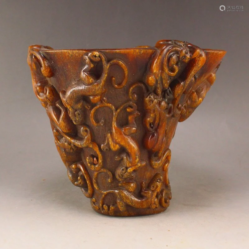 Vintage Ox Horn Low Relief Chi Dragon Cup
