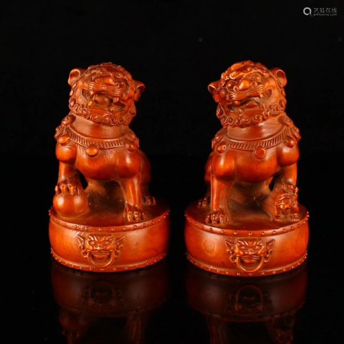 A Pair Vintage Boxwood Wood Carved Lucky Lion Seals