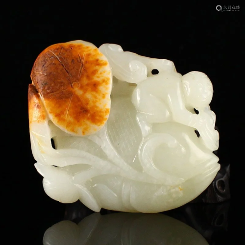 Hand Carved Chinese Hetian Jade Fortune Kid & Fish Penda...