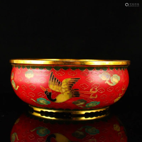 Chinese Gilt Gold Cloisonne Crane Design Pot