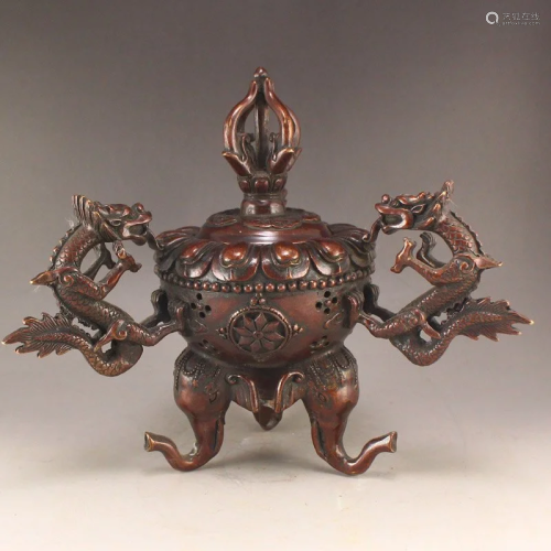 Vintage Chinese Red Copper Lucky Dragon Incense Burner
