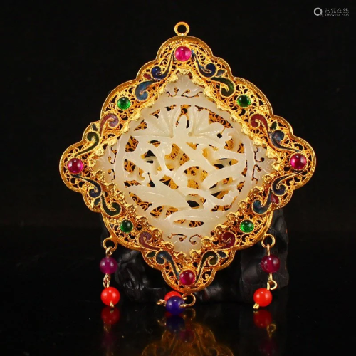 Gold Wires Enamel Inlay Openwork Hetian Jade Pendant