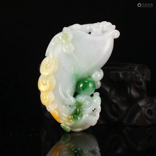 Superb Hand Carved Natural Jadeite Fortune Beast Pendant w C...