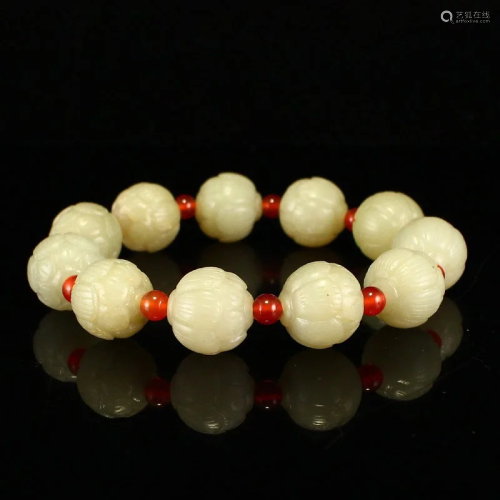 Hand Carved Vintage Chinese Hetian Jade Cicada Beads Bracele...