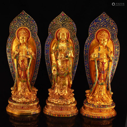 Old Three Gilt Gold Red Copper Cloisonne Buddha Statues