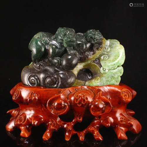 Excellent Chinese Dushan Jade Lucky Lions & Ruyi Statue