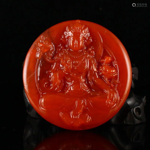 Chinese Natural Nanhong Agate Kwan-yin Pendant