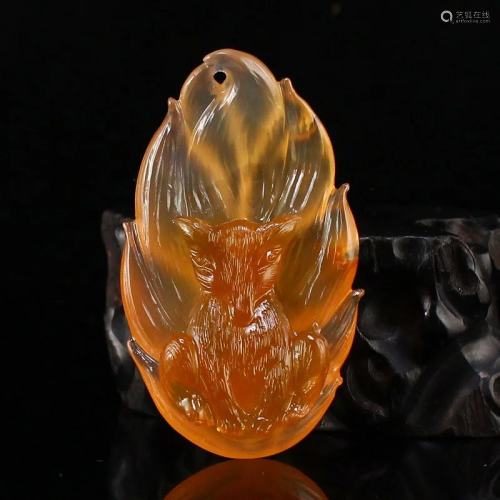 Chinese Natural Agate Pendant Carved Fox w Certificate