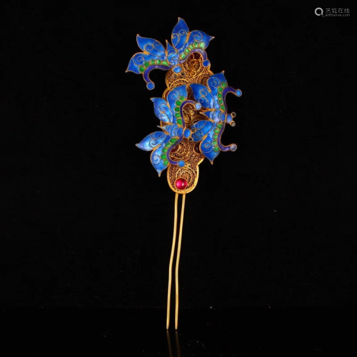 Gilt Gold Red Copper Enamel Inlay Gem Hairpin