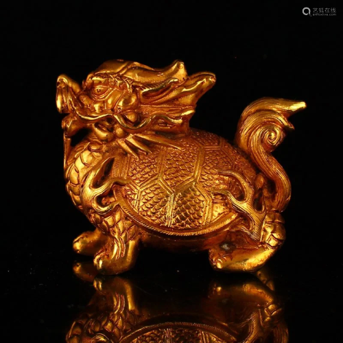 Vintage Chinese Gilt Gold Red Copper Dragon Turtle Statue