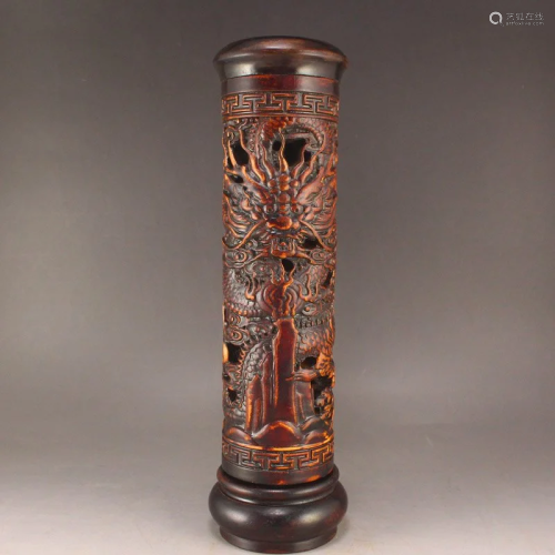 Openwork Chinese Boxwood Wood Dragon Incense Tube