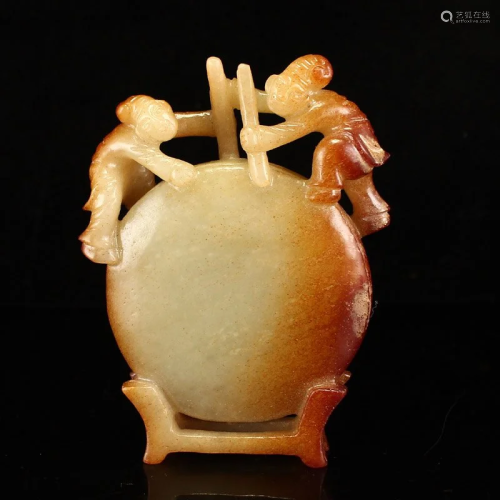 Openwork Chinese Hetian Jade Drum & Figures Statue