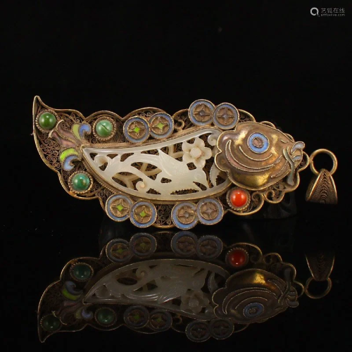 Gold Wires Enamel Inlay Hetian Jade & Gem Fortune Fish P...