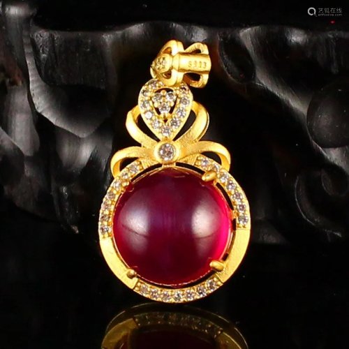 Beautiful Chinese Gilt Gold Pure Silver Inlay Ruby Pendant