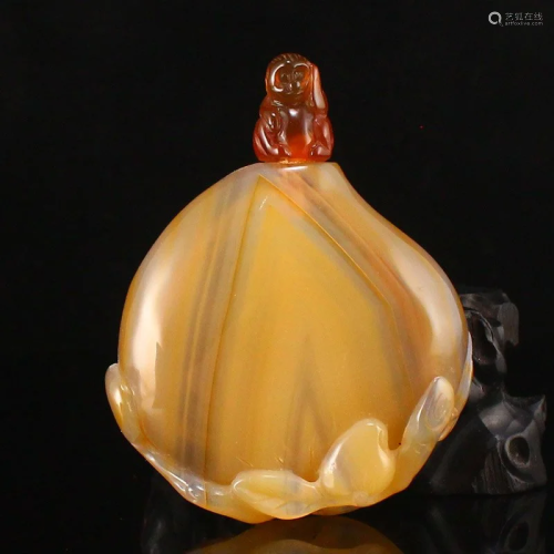 Chinese Agate Carved Monkey & Peach Snuff Bottle