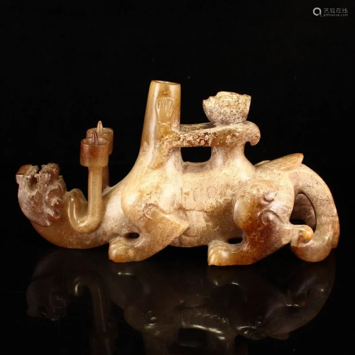 Vintage Hetian Jade Figure & Divine Beast Candlestick