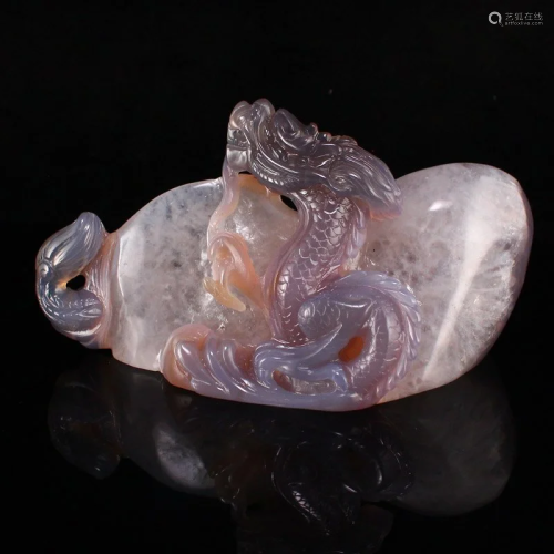 Natural Agate Lucky Dragon Statue w Certificate