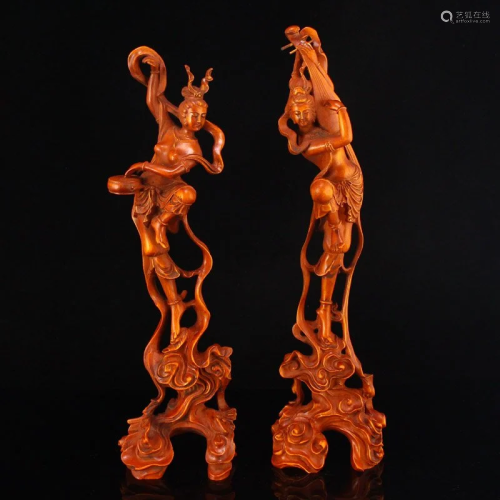 A Pair Chinese Boxwood Wood Mythology Figure Statues