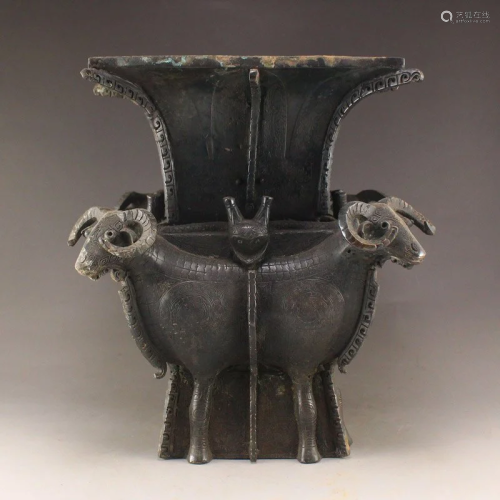 Vintage Chinese Bronze Four Sheeps Wine Container - Zun