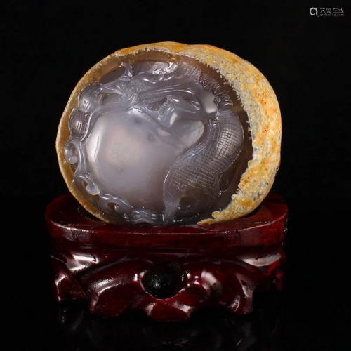 Natural Water Bile Agate Carved Fortune Dragon Statue