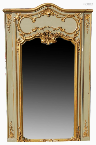 Monumental French Green Painted/Parcel Gilt Mirror
