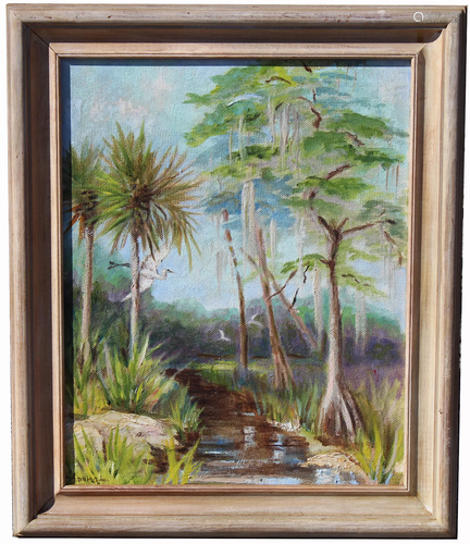 Florida School, Signed Landscape W/ Egrets