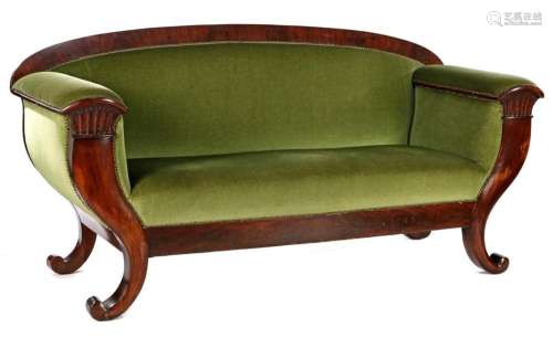 Mahogany veneer sofa with stitching in front under armrests