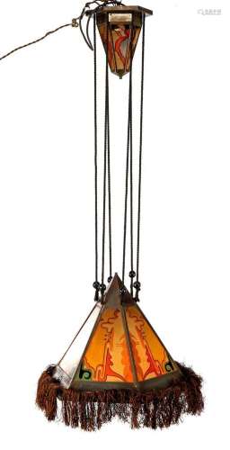 Art Deco hexagonal metal hanging lamp with stained glass