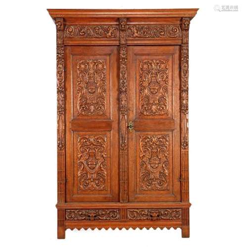 Dutch oak 2-door cupboard with richly carved décor