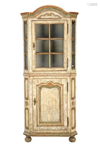 Oak-fired and polychrome colored 2-part corner cupboard