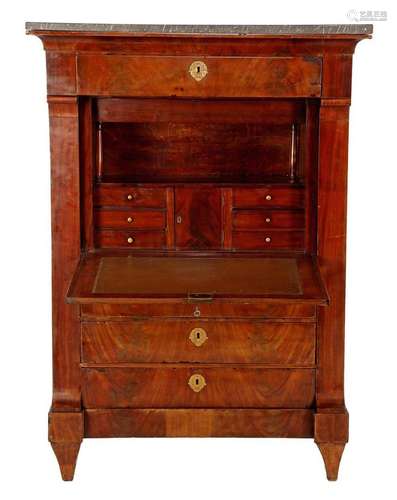 Mahogany veneer on oak flap desk with marble top