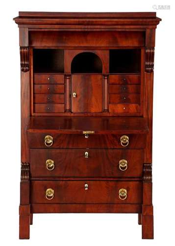 Mahogany veneer on oak flap desk with 4 drawers