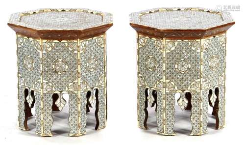 2 octagonal wooden side tables richly inlaid