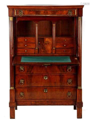 Mahogany veneer on oak flap desk with 4 drawers