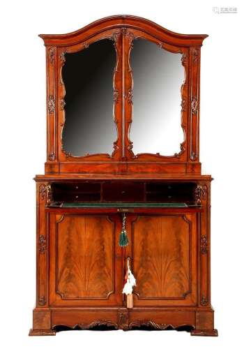 Mahogany veneer on oak 2-piece cabinet with ornate frames