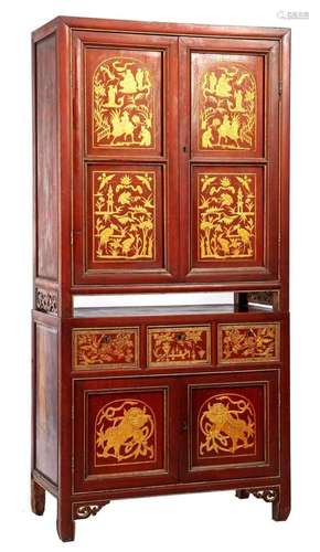 Teak 2-piece bridal cabinet with gold-coloured carving