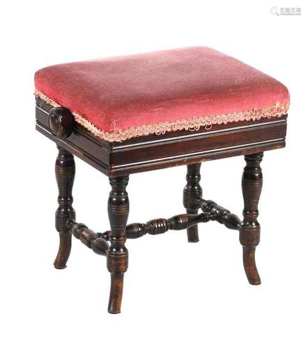 Adjustable walnut veneer piano stool with pink velvet seat