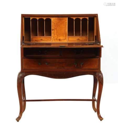 Walnut veneer flap desk with 3 drawers