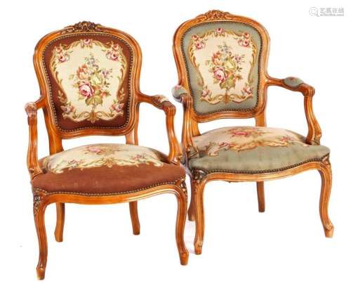 2 walnut color Louis Quinze style armchairs