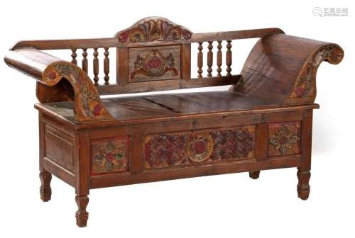 Teak bench with stitching, polychrome colors